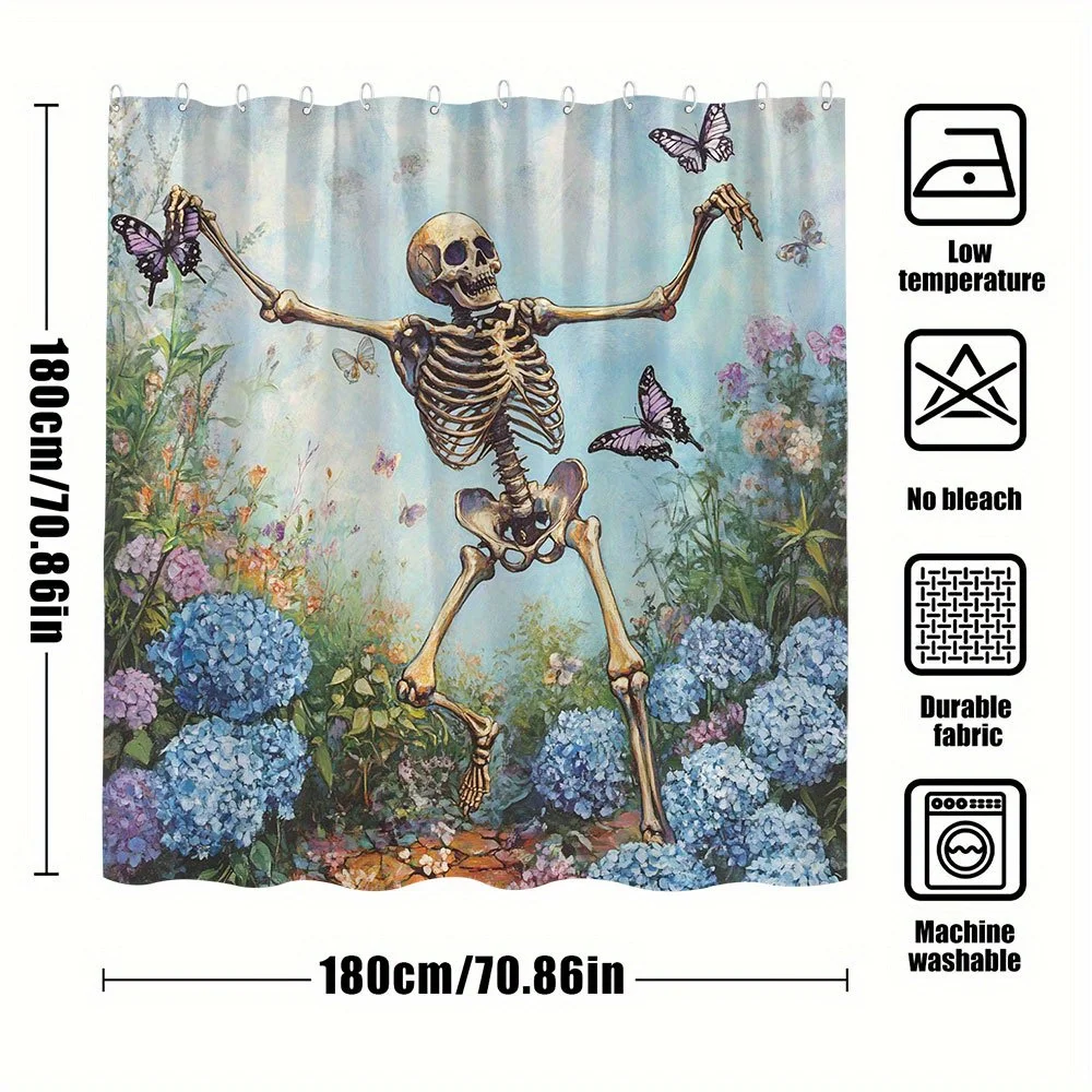 ハロウィン スケルトン & バタフライ シャワーカーテン - 油絵風、自然風景、ポリエステル製バスルーム装飾、フック12個
