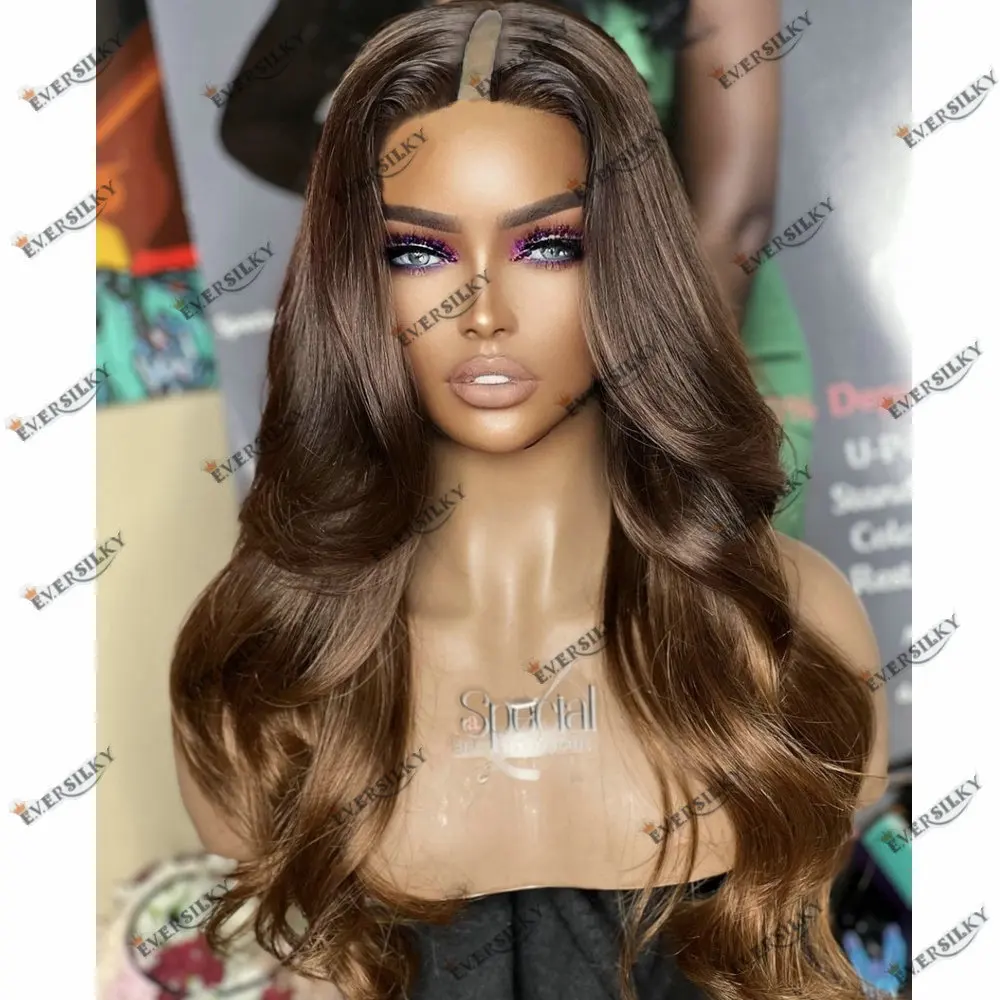 Brown Ombre Honey Brown 100%Brazilian Human Hair Wig U Part Wig Natural Wave Baby Hair V Part Wig Human Hair Preplucked Glueless