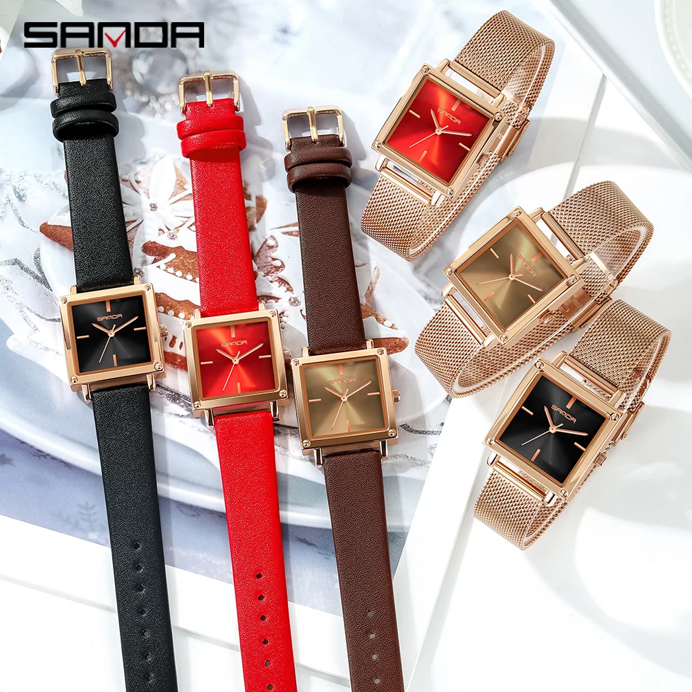 SANDA 1068 Women Square Sport Watches Fashion Leather Strap Analog Quartz Wristwatch Big Dial Vintage Elegant Ladies Reloj Muje