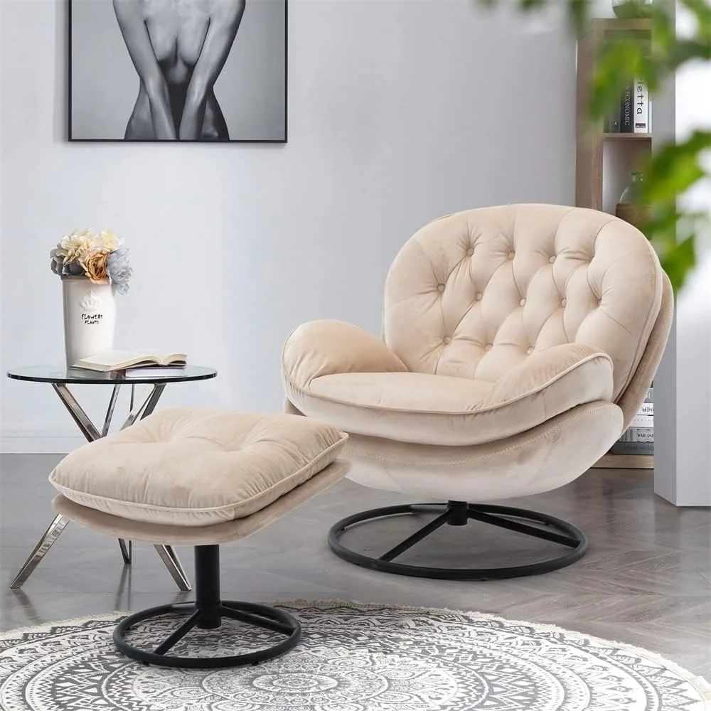

Velvet Swivel Accent Chair with Ottoman Set, Modern Lounge Chair with Metal Base Frame & Footrest, Comfortable Single Leisure So