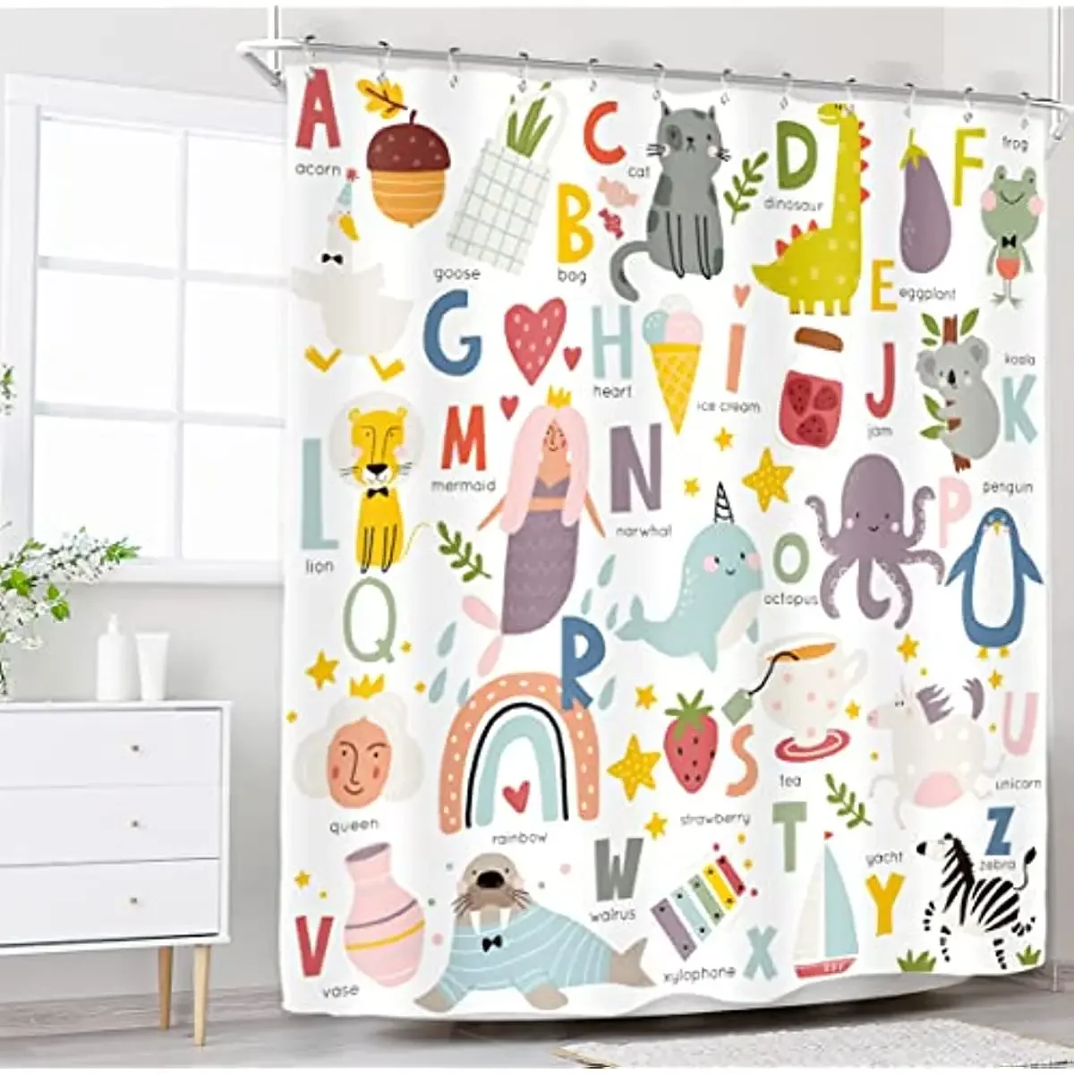 Kids Alphabet Shower Curtains For Bathroom Decor ABC Educational Learning Tool Baby Cartoon Animals Colorful Girls Boys Printed