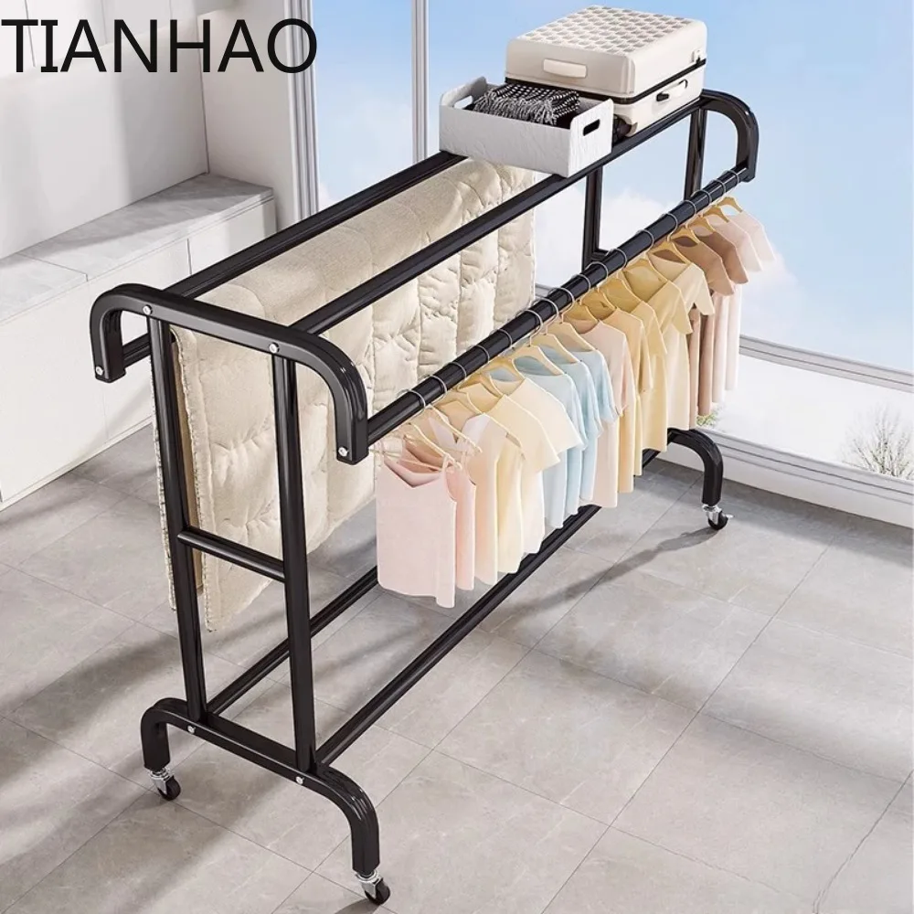 Movable Clothes Rack Large Multilayer Drying Stand Simple Floor Type Household Hanger Portable Coat Organizer