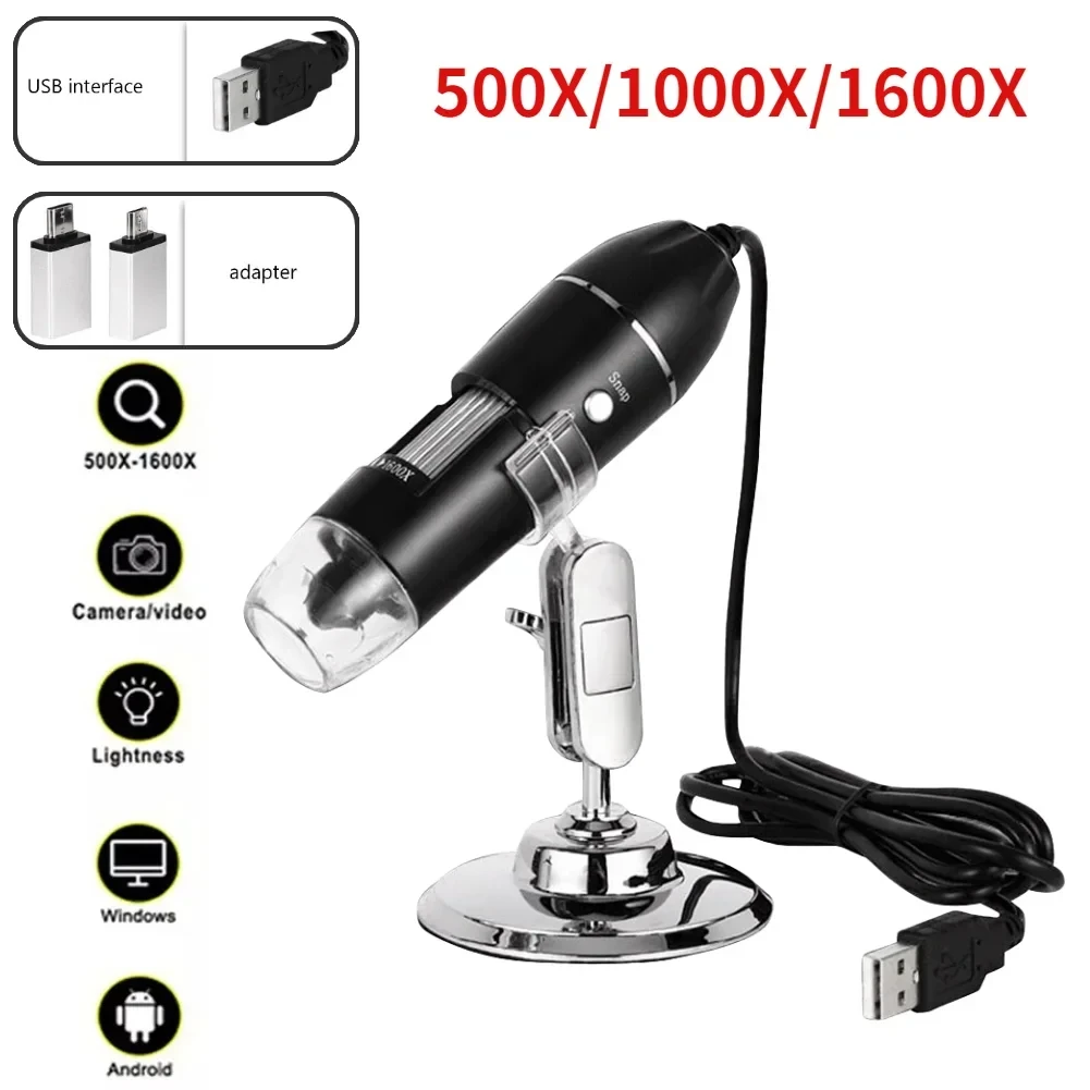 500X/1000X/1600X USB Digital Microscope with Adjustable Stand HD Inspection Camera Handheld Digital Microscope