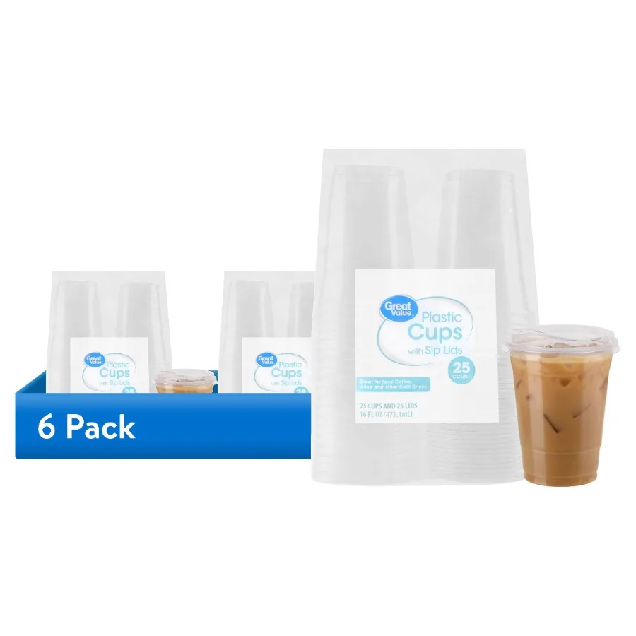 6 pack Disposable Plastic Cups and Lids Clear 16 oz 25 Count (Cup and Lid Combo)