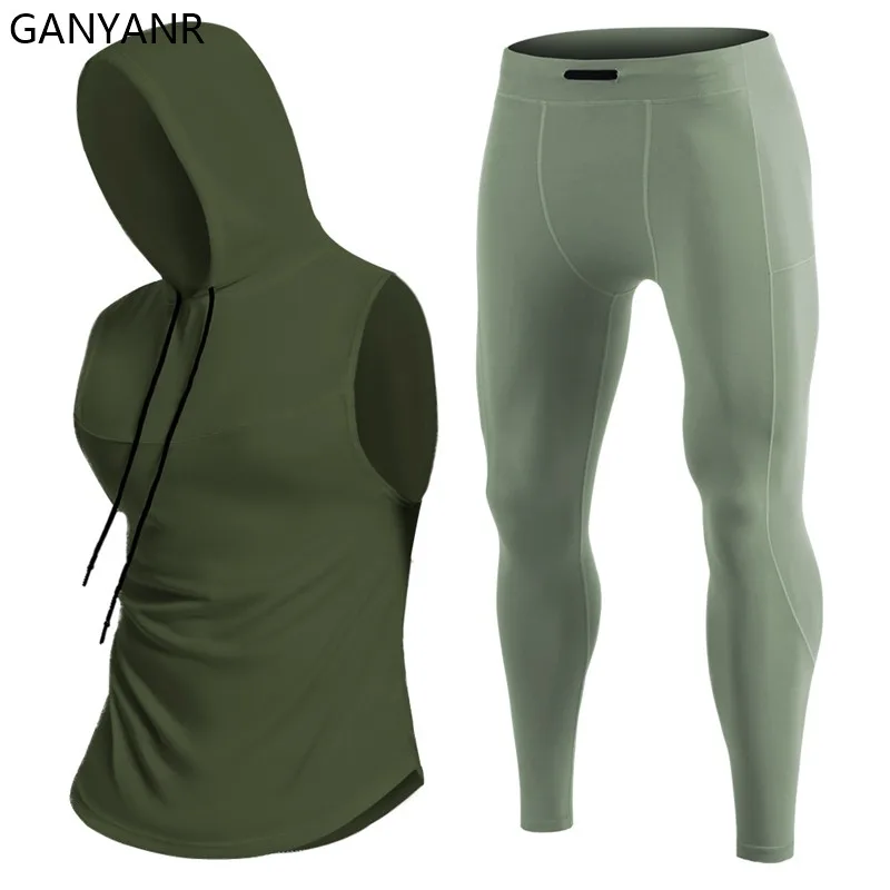 GANYANR Running Set Men Hoodies Tank Tops gym Sports suit Football pants Pullover basketball Soccer Sweatpants fitness Tracksuit