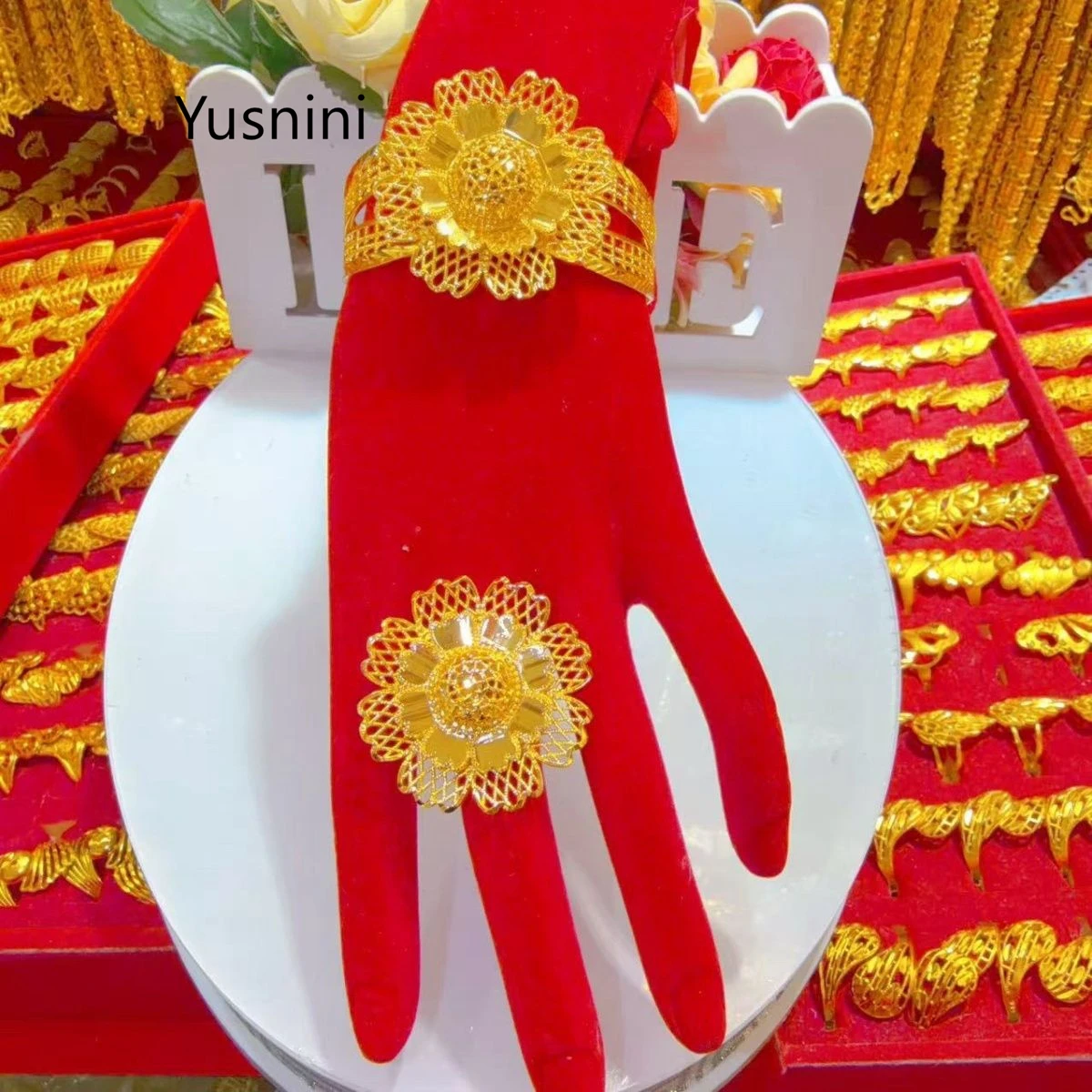 

New Dubai Fashion 24K Gold Plated Bracelet Ring Exquisite Engagement Party Jewelry Set for Lover