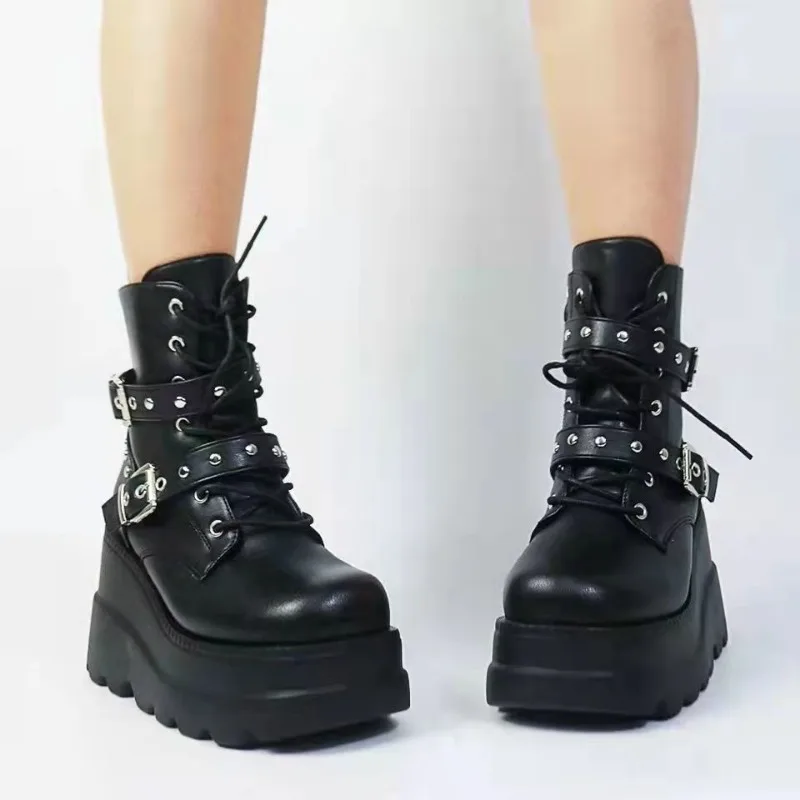 New Women Pu Leather Ankle Booties Woman Autumn Winter Round Toe Lace Up Shoes Woman Motorcycle Platform Gothic Boots Cosplay