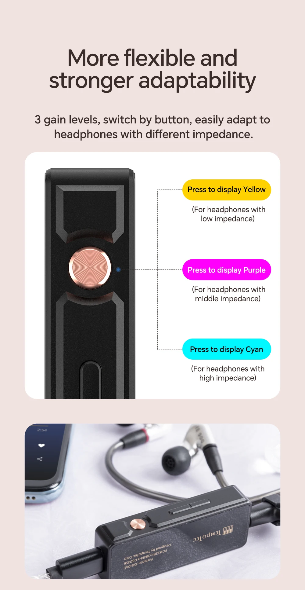TempoTec Sonata BHD Pro Dongle DAC USB type C, DAC USB C, amplificateur de casque 4,4 mm et 3,5 mm, PCM384 kHz, DSD256, MQA8X, Tidal pour iPhone, Android, Mac OS et Win