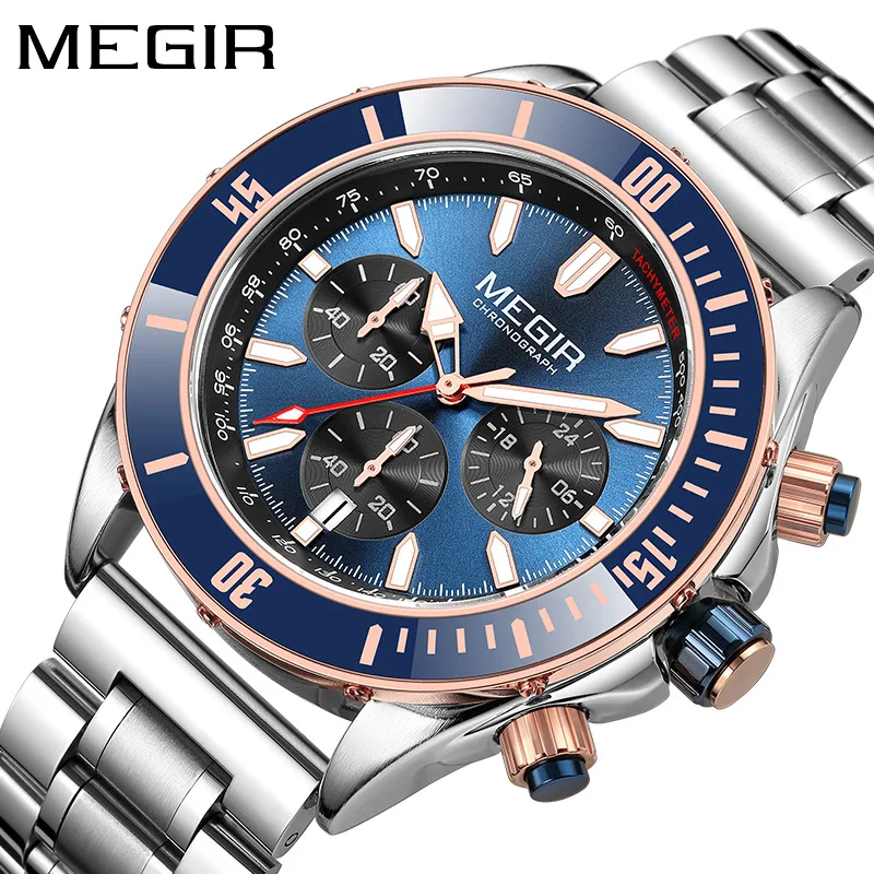 MEGIR 2226 Men Quartz Watch Silver Blue Black Business Chronograph Luminous Wristwatch with Stainless Steel Silicone Strap