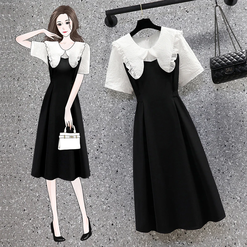 

Elegant Women's Clothing 2022 Summer New Fashion A-line Doll Collar Stitching Slim Waist Dress d123