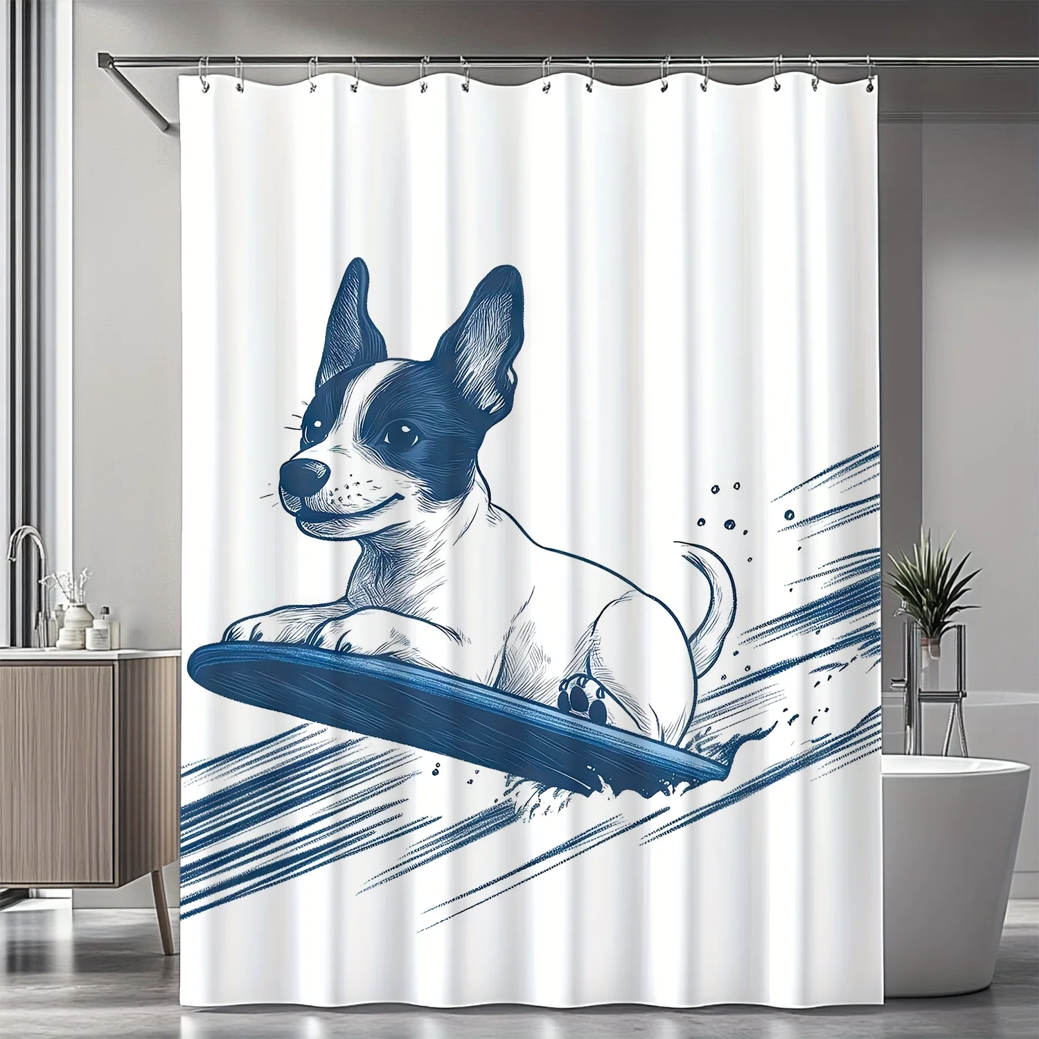 

1 шт. современная занавеска для душа для серфинга собаки чихуахуа — забавный декор для ванной комнаты с синим дизайном для серфинга чихуахуа и доски для серфинга, белый