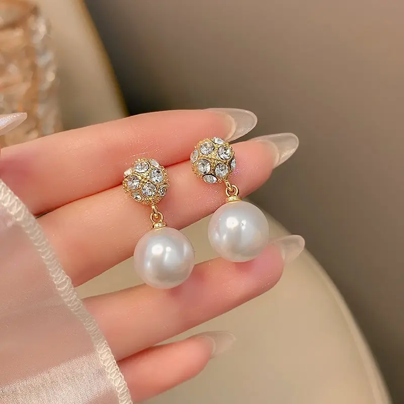 New Hemispherical Surface Crystal Imitation Pearl Pendant Earrings for Women Minimalist Gold Color Ear Jewelry Hiphop Girls Gift