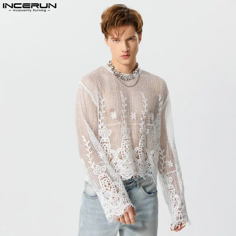 Men T Shirt Lace Patchwork O-neck Long Sleeve Tassel Sexy Fashion Camisetas Streetwear 2023 Transparent Crop Tops S-5XL INCERUN