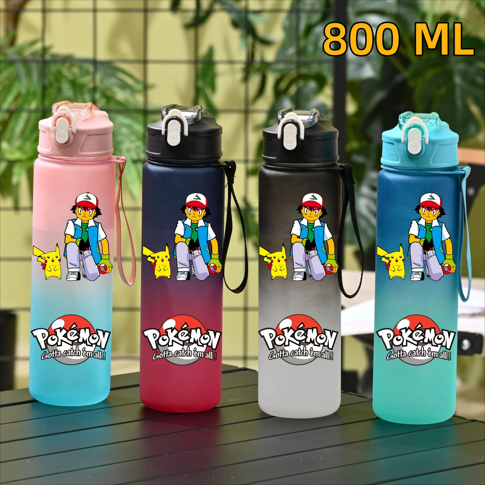 800 ml Pokemon Pikachu Sport-Wasserflasche mit Strohhalm, auslaufsicheres Trinkgeschirr, tragbarer Charizard-Wasserbecher aus Kunststoff, Fitness-Krug, Geschenk