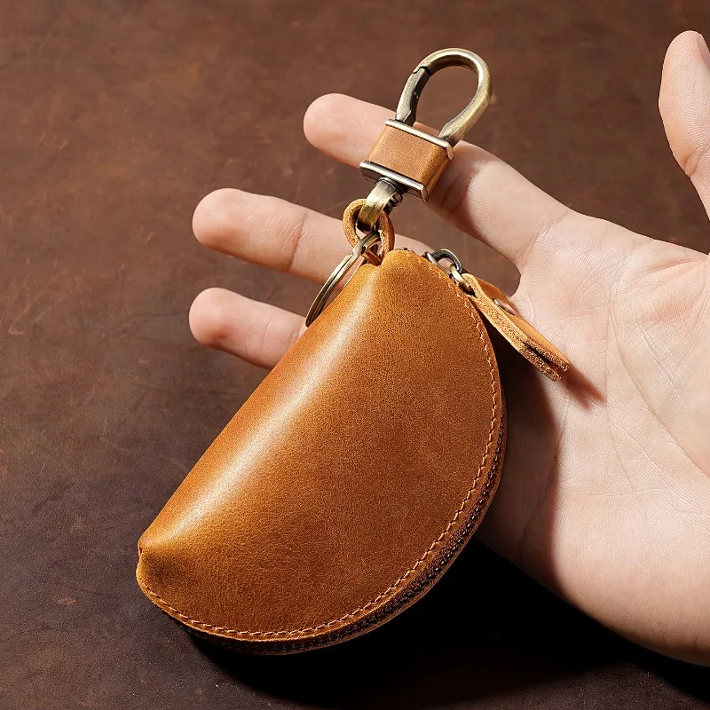 Genuine Crazy Horse Leather Car Key Pouch Zipper Key Case with Carabiner for Secure Keys Storage Multi-Color Leather Key Holder