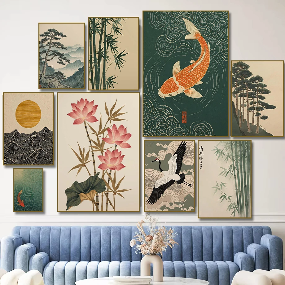 1pc frameless Canvas Painting Japanese Pine Tree Lotus Bamboo Koi Fish Crane Art Canvas Printing Japandi Poster  Living Room Bed