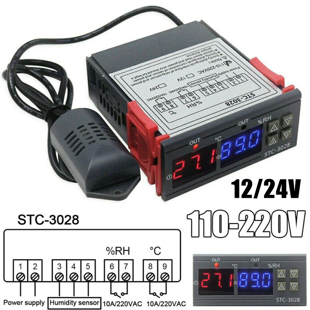Temperature Controller 12V/24V 110-220V STC-3028 Digital Dual LED Temperature Controller Thermostat Black Digital Temperature
