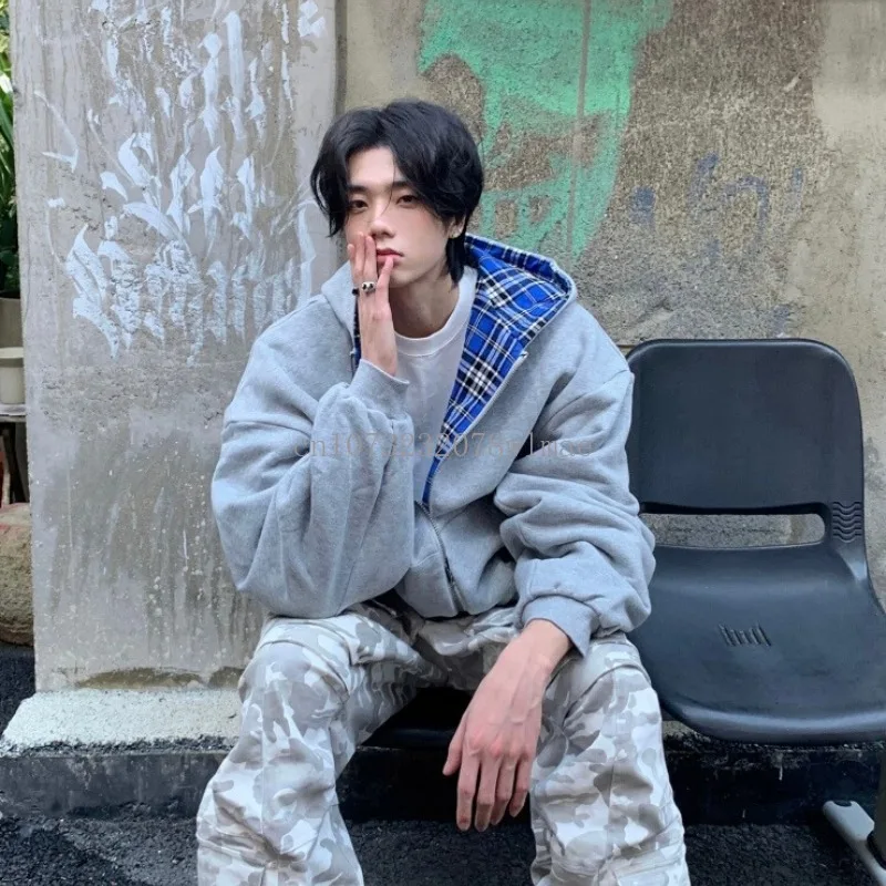 

Korean Fashion Y2k Oversized Zipper Hoodies Women Men Streetwear Casual Loose Sweatshirt Unisex Plaid Reversible Winter Clothes