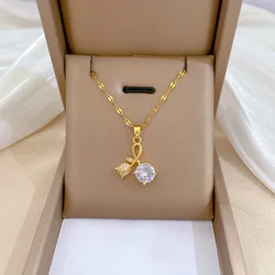 Fashionable and Cute Micro-paved White Jewelry Necklace, Classic Romantic Rose Light Luxury Stainless Steel Pendant