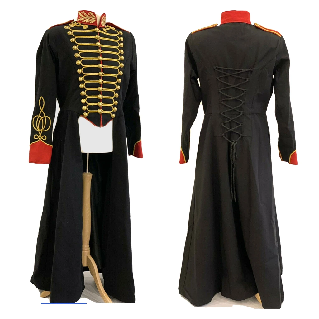 Men's Steampunk Black/Green Military Cosplay Costume Long Jacket Men's Fashion Hussar Jacket Circus Theater Costume