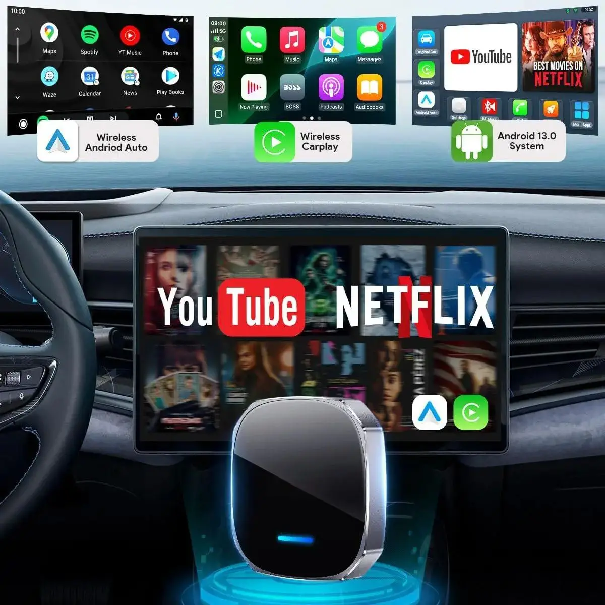 

Универсальный беспроводной Android-адаптер Apple CarPlay Dual-WiFi Smart AI Box с мультимедийным видео для Youtube Netflix TikTok