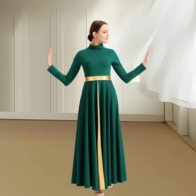 Robe de danse d'éloge à col haut pour femmes, ceinture métallique, longue balançoire, culte liturgique, Robe d'église, vêtements de danse lyrique