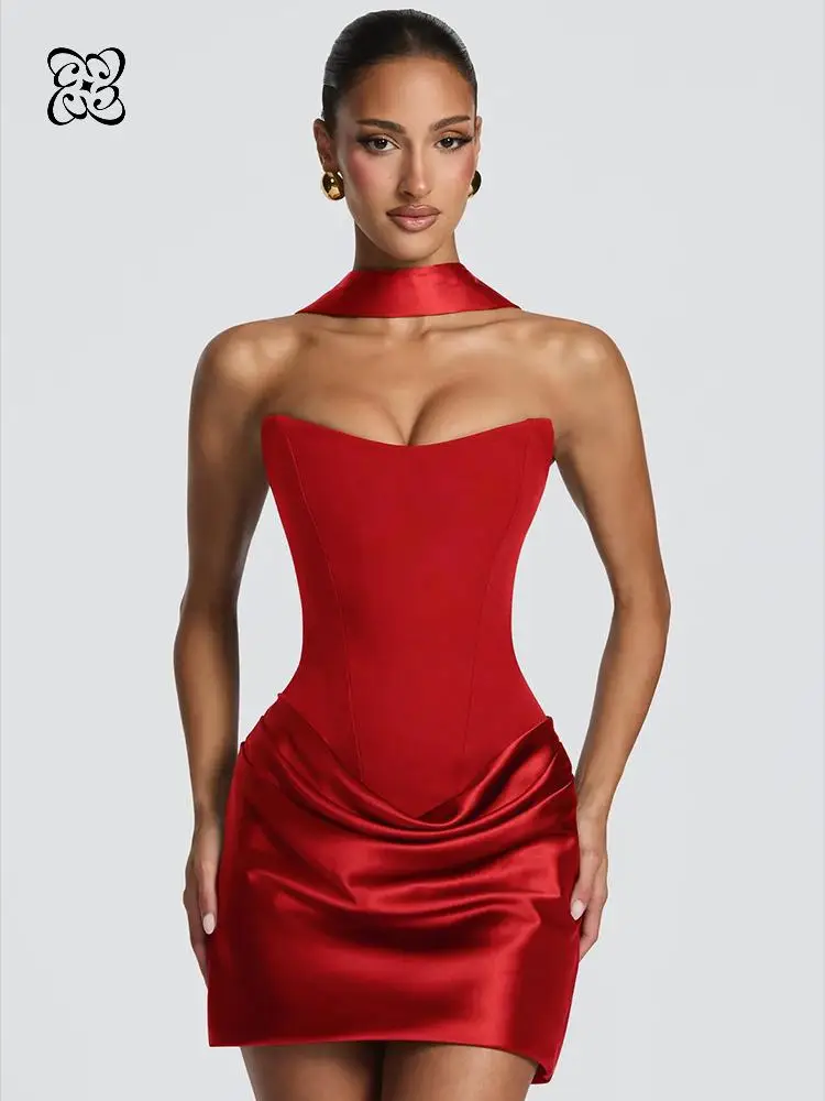 Women Mini Dress Sexy Strapless Corset Dress Satin Draped Skirt Elegant Party Dress Sleeveless Bodycon Dress Club Night Outfit