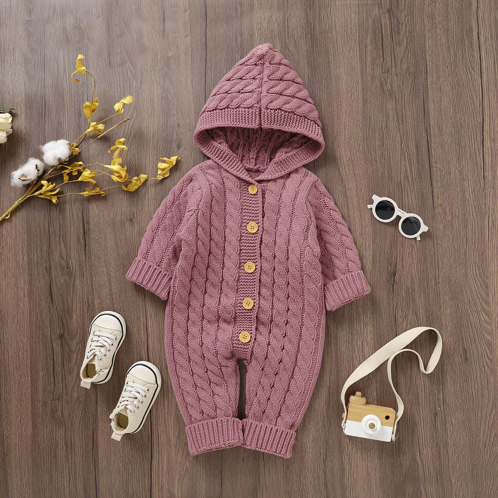 3 6 18 24 Months Newborn Baby Knitted Sweater Jumpsuits Soft Warm Romper Boys Girls Cute Hooded Bear Ear Jumpsuits Jackets