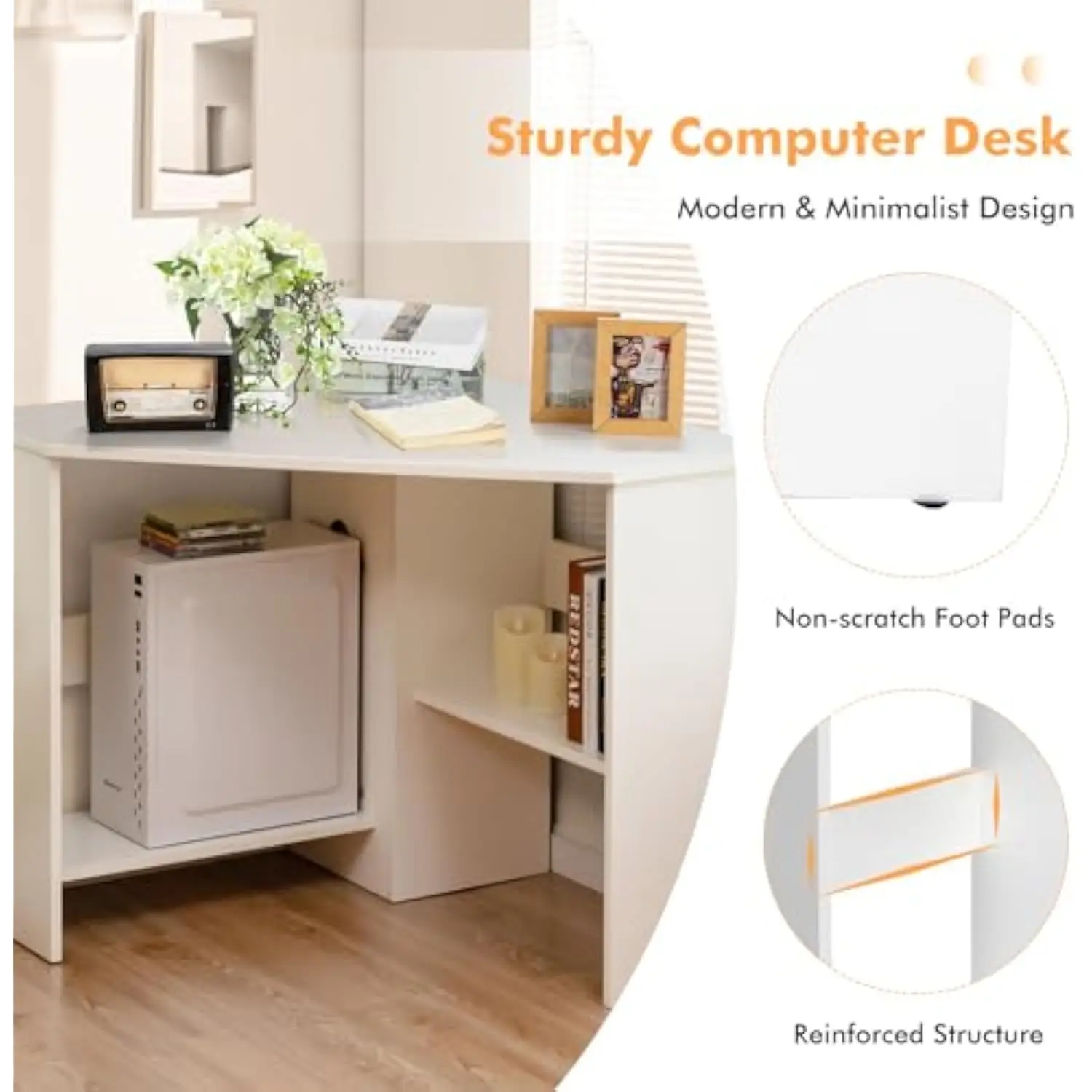 Corner Computer Desk, Space-Saving Triangular Writing Desk w/ 2 Storage Shelves & 2 Cable Holes, Multi-Functional Console Tabl