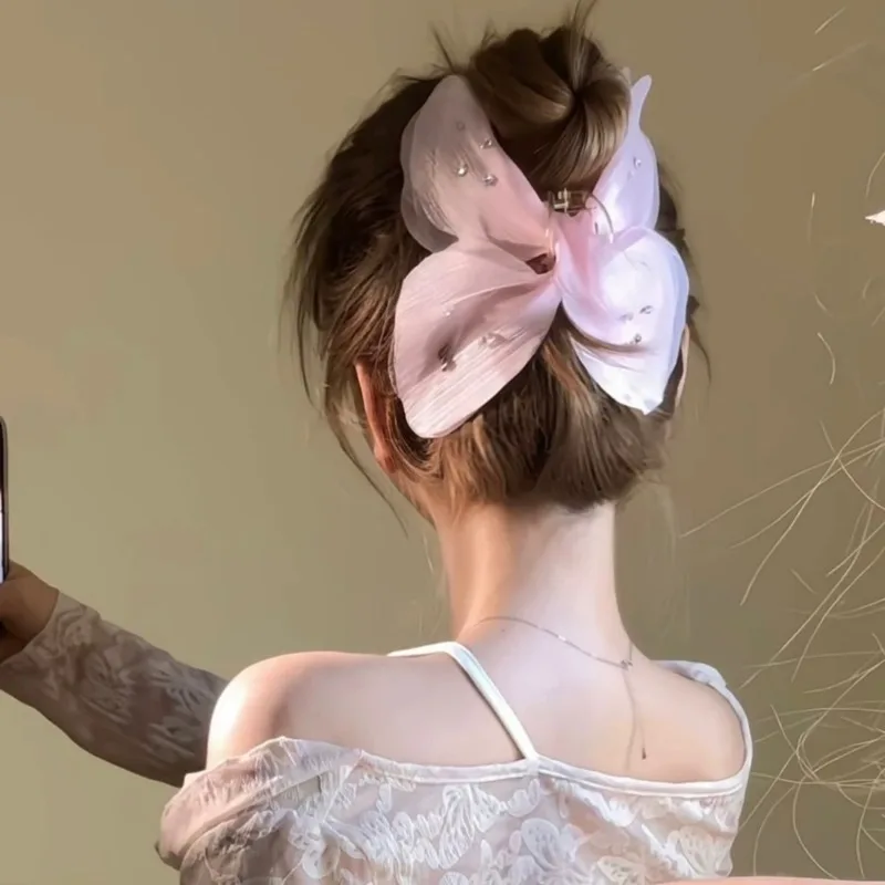 

Girls Hair Clip Sweet Elegant French Vintage Butterfly Clip Rhinestones Tulle Net Veil Chignon Holder Women Hair Claw Clips