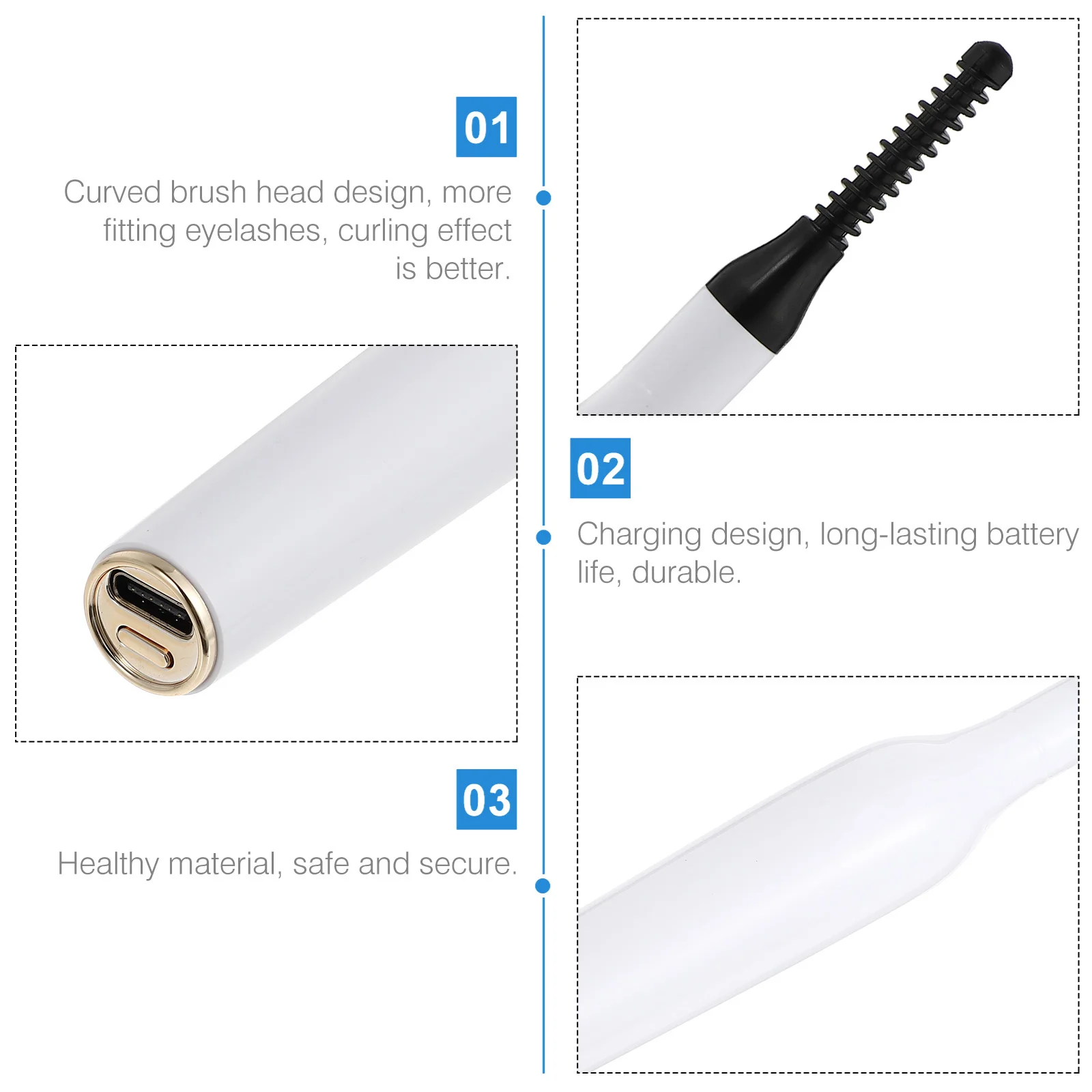 1Set Electric Eyelash Curler Heating Rod Anti-Scald Compact Size Curved Brush Head Eyelash Curling Clip USB Rechargeable Makeup