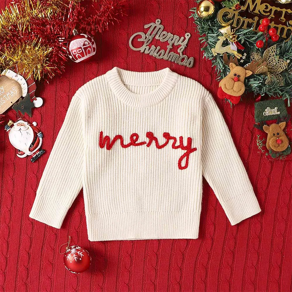 New Christmas Children's Clothing for Infants and Young Children with Retro Style Letter 'Merry' Embroidered Warm Sweater