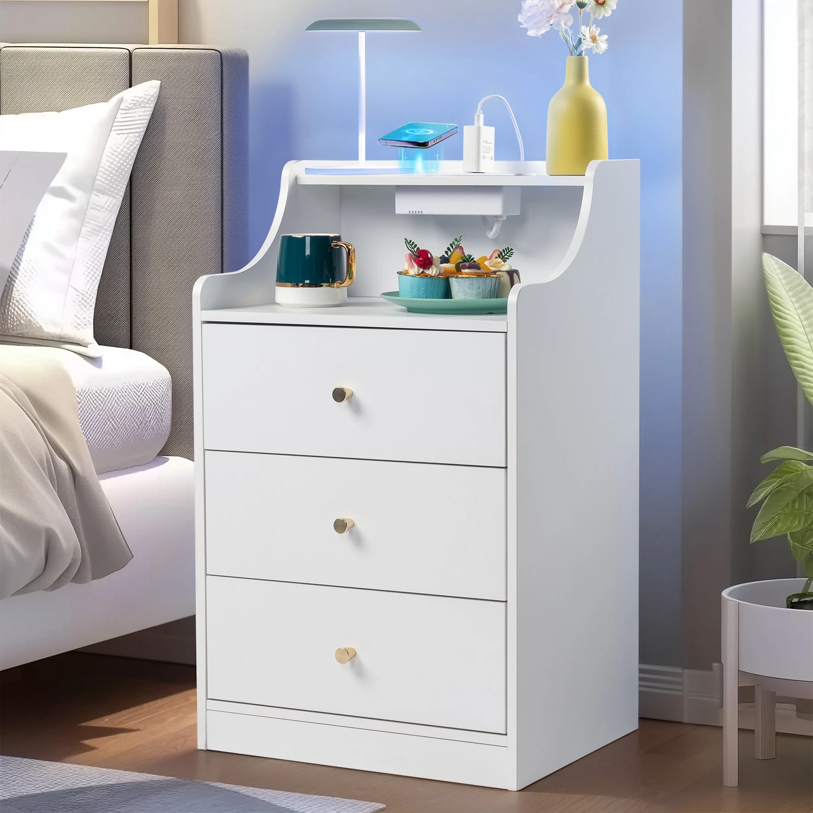 Three drawer bedside table with compartments 45 * 35 * 73cm white matte gold tapered handle