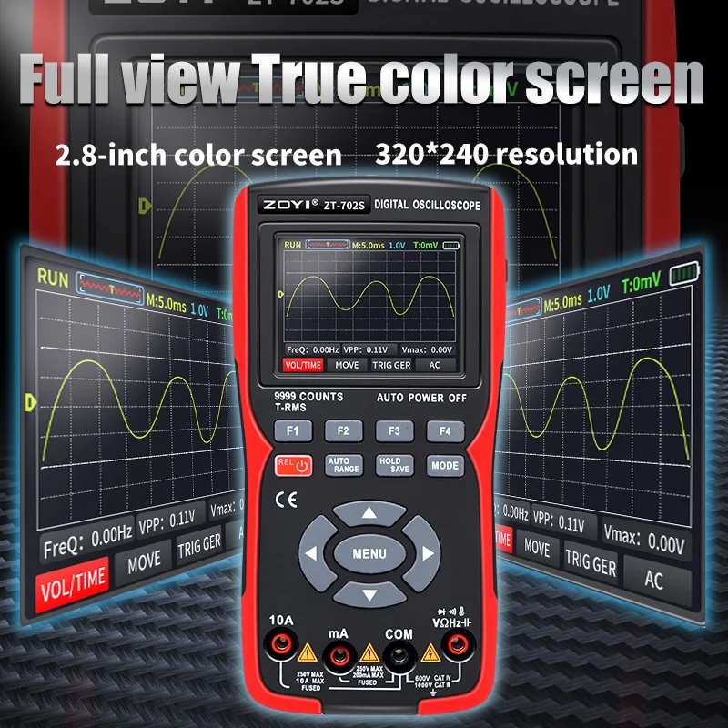 ZT702S Multimetro oscilloscopio digitale Velocità di campionamento 48 MS/s Larghezza di banda analogica 10MHZ Supporto per memorizzazione forme