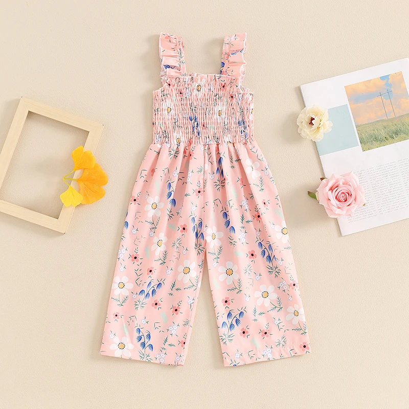 0-4Y Toddler Baby Girl Summer Outfit Ruffle Sleeveless Romper Smocked Floral Jumpsuit Playsuit Suspender Pants Kids Overalls