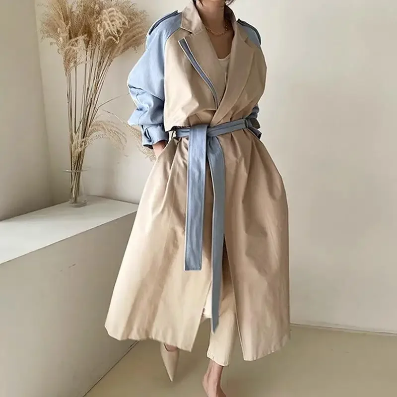 ChicAutumn Korean-Style Long Jacket For Women With Sensibility Blocking Color Waist-Fitted Vintage Lapel Design