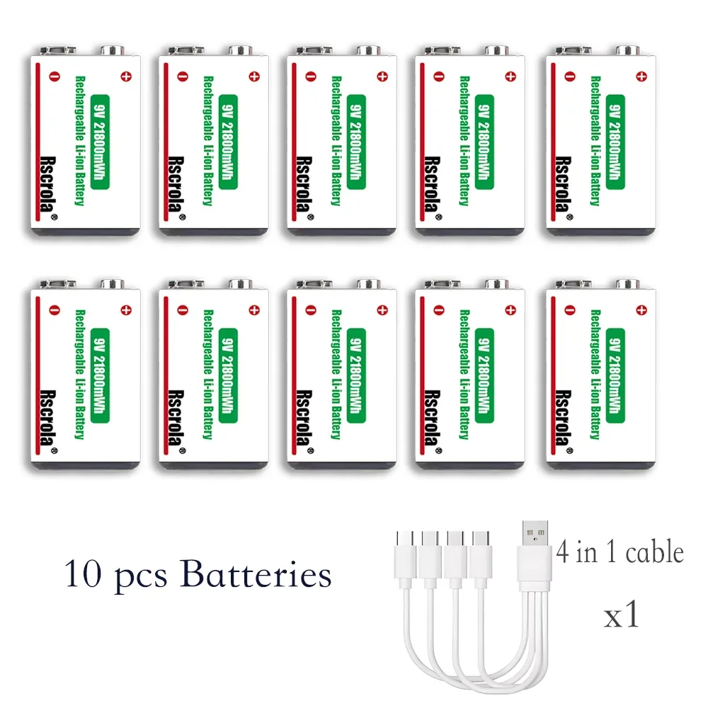 Rscrola 9V 21800mWh Lithium-ion oplaadbare batterij met hoge capaciteit voor gitaar, microfoon, rookmelder, pedaal met kabel