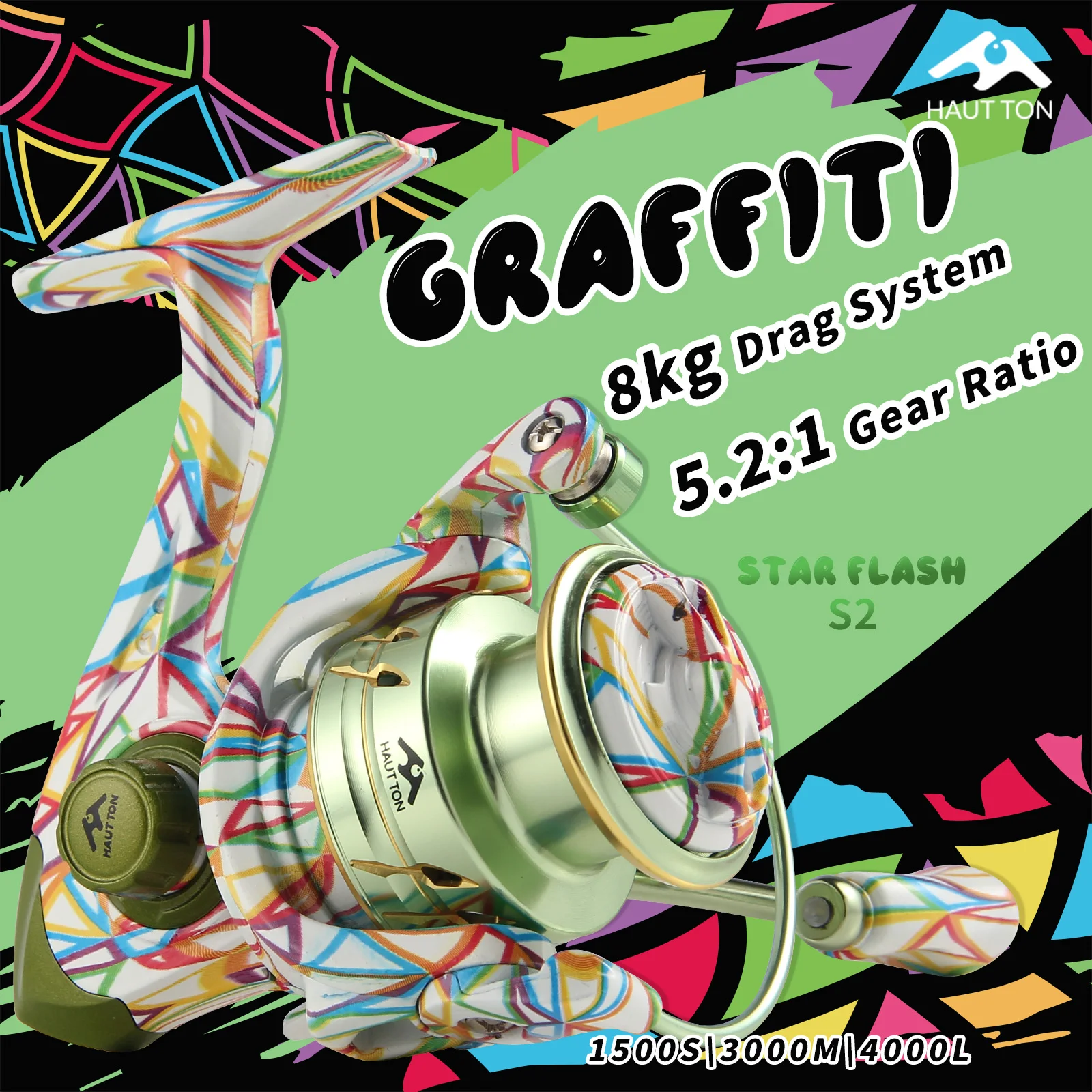 

HAUT TON GRAFFITI 1500S/3000M/4000L Спиннинговая рыболовная катушка 5,2:1 Передаточное число 3 + 1BB 27,8-31,8 фунтов Макс. сопротивление для пресной воды и соленой воды