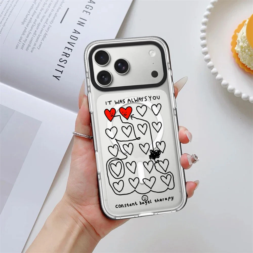 Graffiti Line Heart Impact White Border Magnetic Phone Case Cover for IPhone 13 14 15 16 17 Pro Max Case for IPhone Air