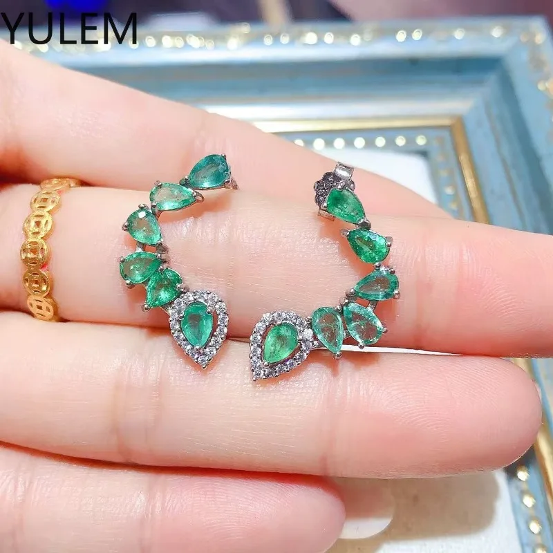 YULEM Natural Emerald S925 Sterling Silver Ear Studs Ladies Fashion Jewelry Exudes Elegance Ideal Festive Present