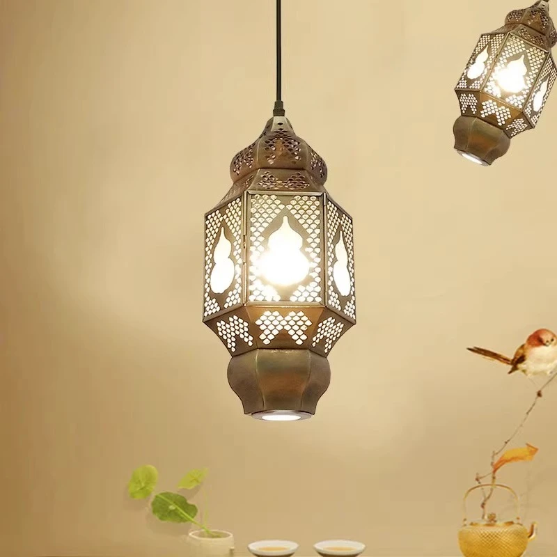 

Light Cool Full Copper Hollow Song's Aesthetics Zen Thai Middle East Turkish Style Restaurant Glass Chandelier with Spotlights