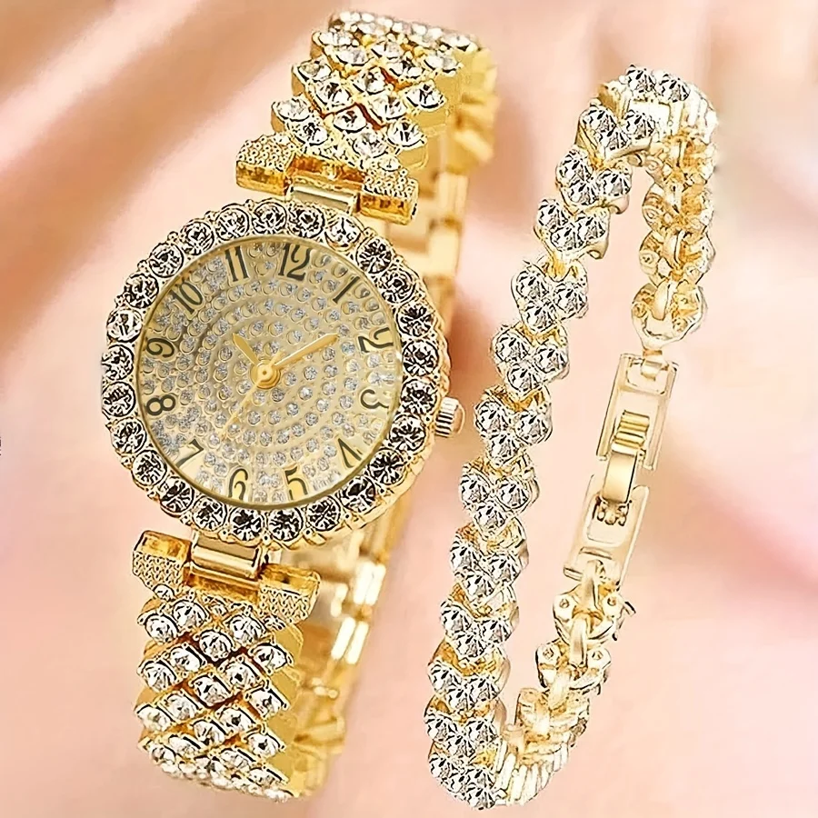 2pcs and 1pcs Elegant Crystal Watch Stainless Steel Fashion Simple Luxury Full Crystal Bracelet Quartz Watch image 3