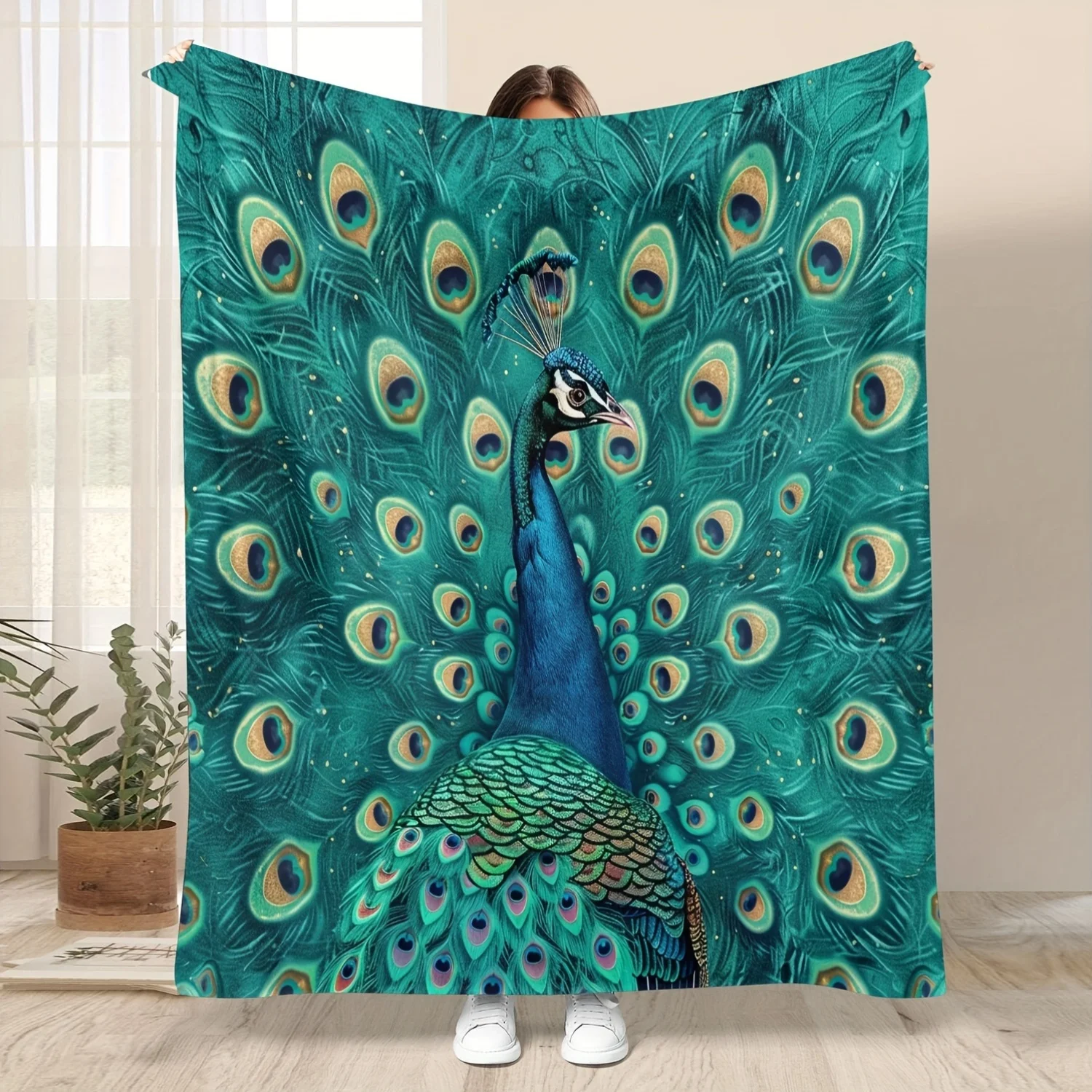 Stunning Peacock Spread Tail Teal Background Realistic Print Flannel Blanket Soft Throw For Sofa Bedroom Daily Home Warm Gift