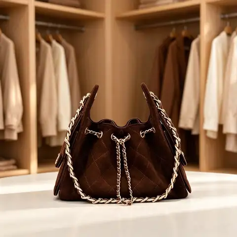 Women Diamond Quilted Drawstring Bucket Bag, Faux Suede Chain Shoulder Bag, Vintage Large Handbag