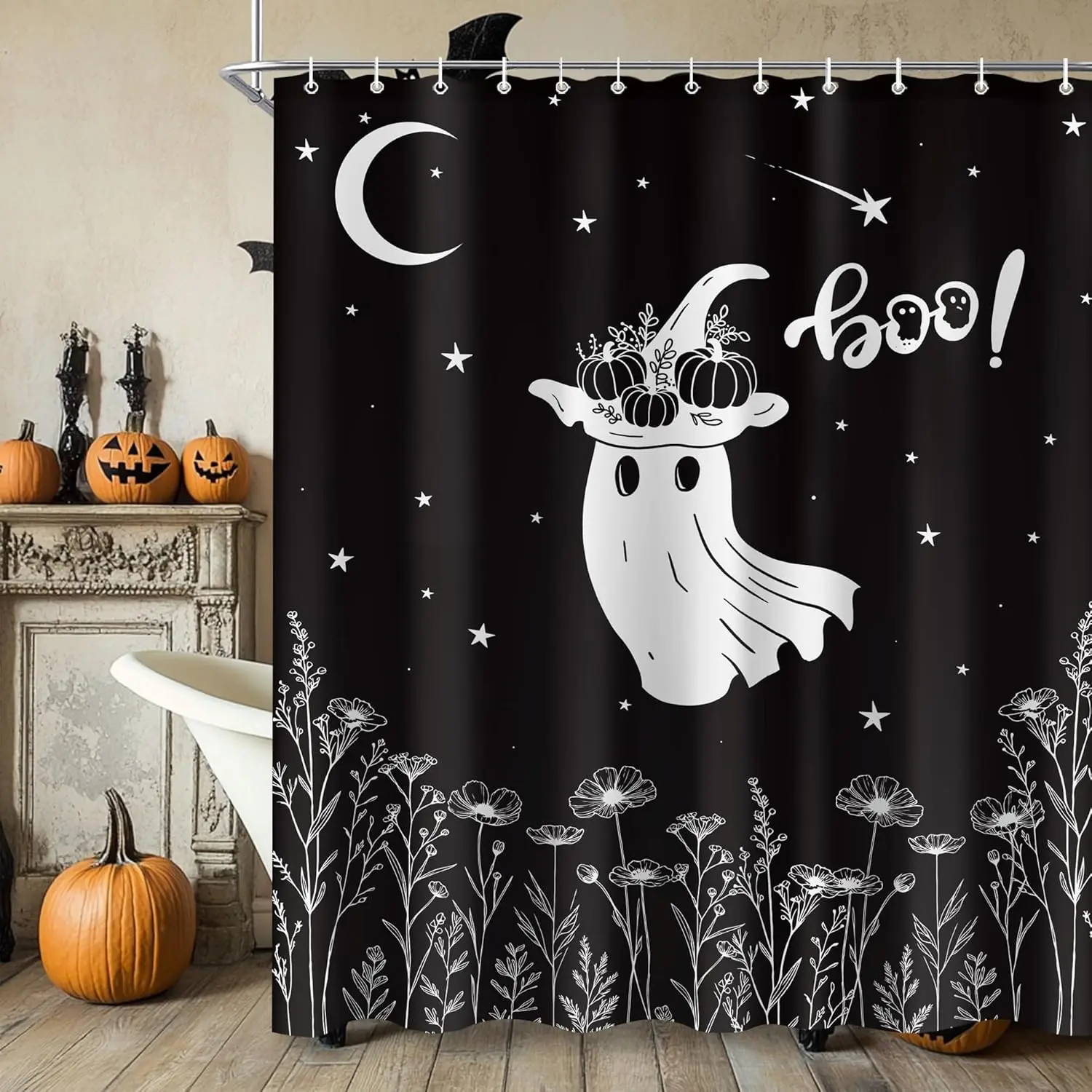 

Черно-белый милый жуткий призрак Хэллоуин занавеска для душа прекрасный цветок растение занавеска для ванны Декор