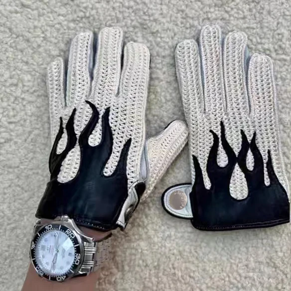 Retro Deer Leather Flame Motorcycle Gloves Mens Four Seasons Knit Holes Cool Thin Unlined Luvas Touch Screen Riding Gym Guantes