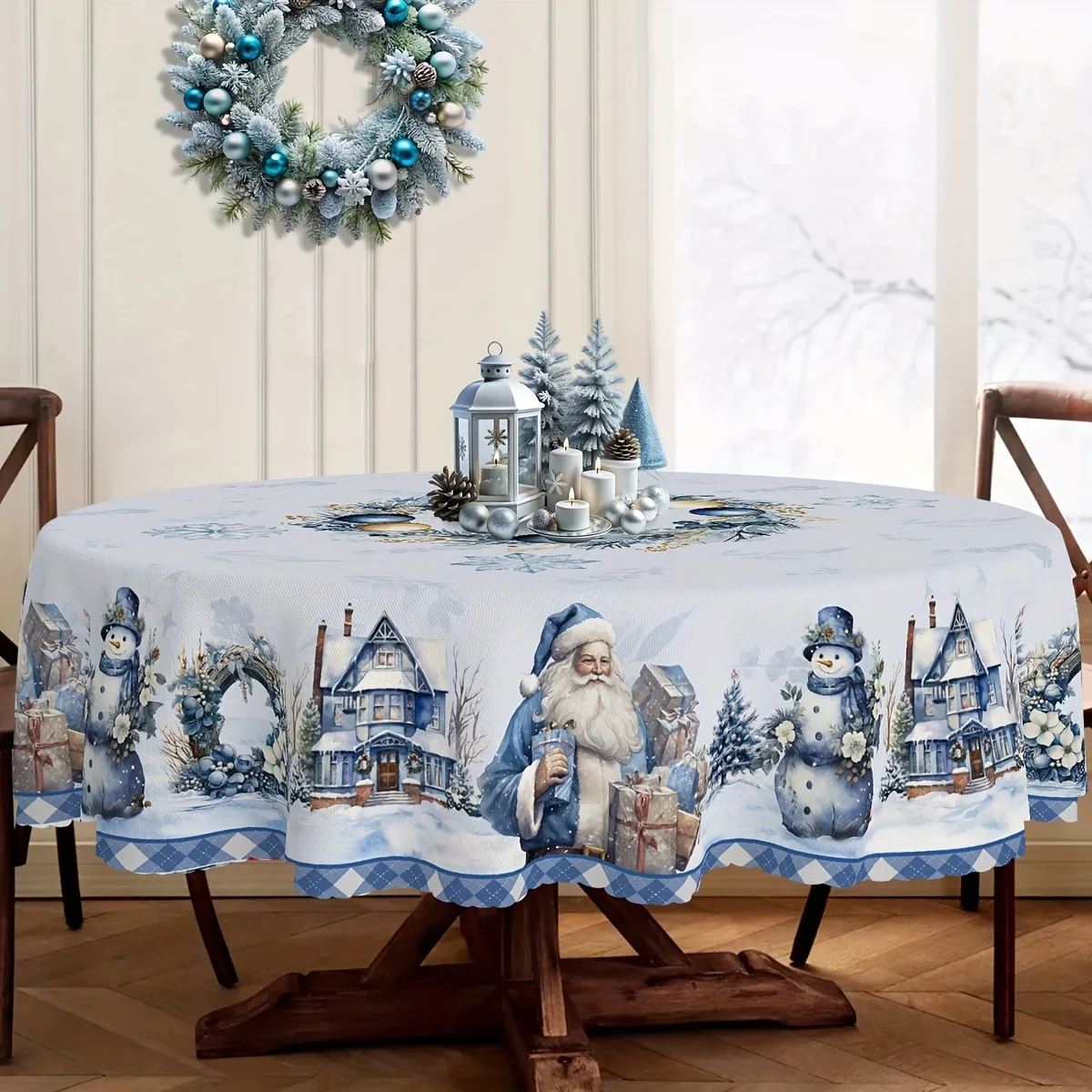 1 piece, vintage blue Christmas tablecloth, with a farmhouse-style Santa Claus snowman wreath design, as a Christmas giftzyc