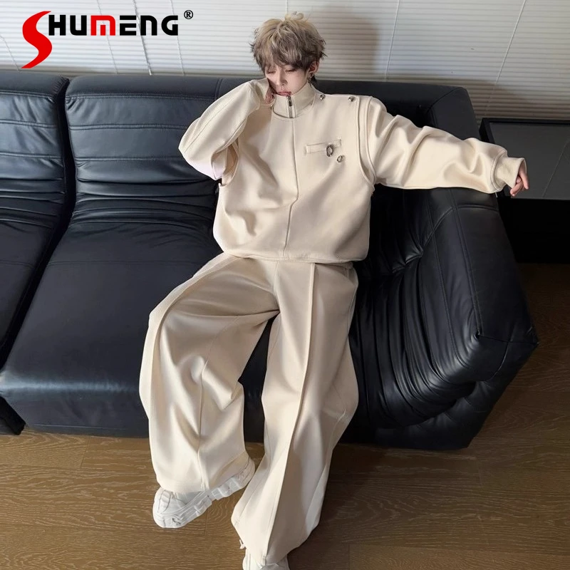 

Мужские толстовки с металлической пряжкой и воротником-стойкой, осень-зима 2021, толстовки с мягкими плечами, широкие спортивные штаны, длинные брюки, модные комплекты