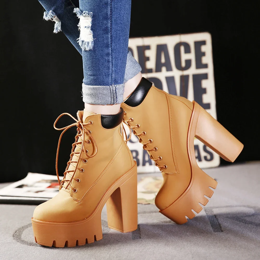 Women\'s Chunky Heeled Short Boots Round Toe Lace Up High Heels Solid Color Waterproof Platform Motorcycle Boots for Women