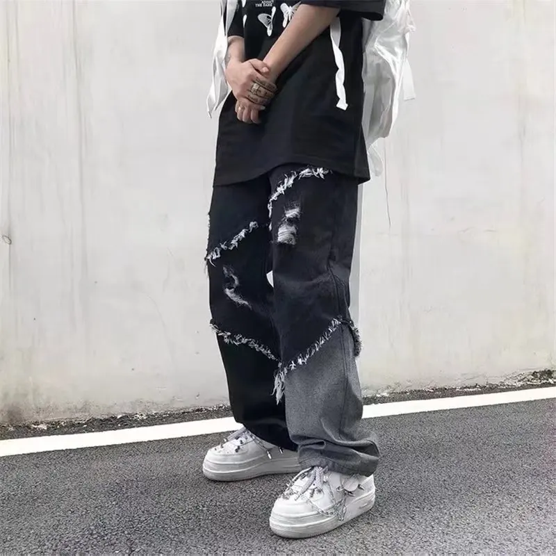 Korean Fashion Ripped Jeans Pants Men Broken Holes Trousers Casual Soft Stylish Regular Baggy Straight Denim Trousers